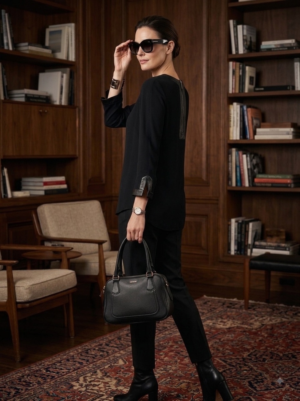Tom Ford Black Short Sleeve Shirt with Leather-Trim Collar